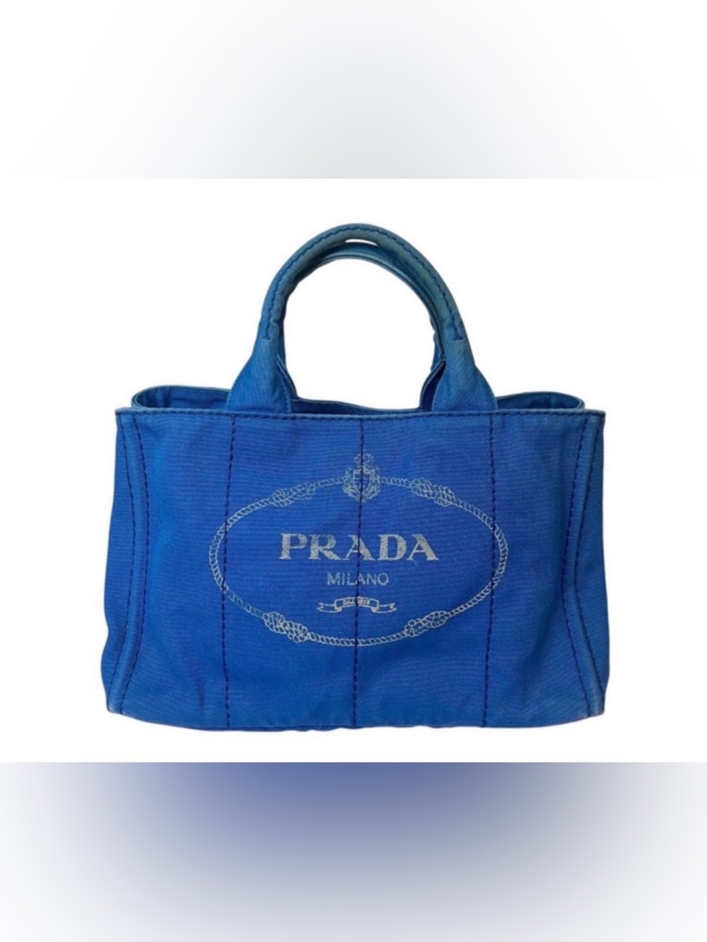 Prada Canapa Medium Blue Canvas Tote Bag Logo Milano Authentic Rare Color